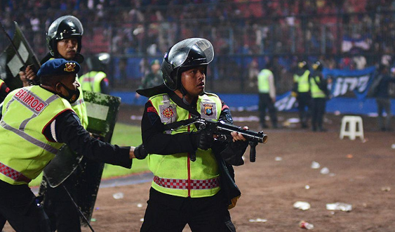 The police, inside of the Kanjuruhan Stadium, Malang during the riot that occurred after a match between Arema FC and Persebaya Surabaya on the 1st of September 2022