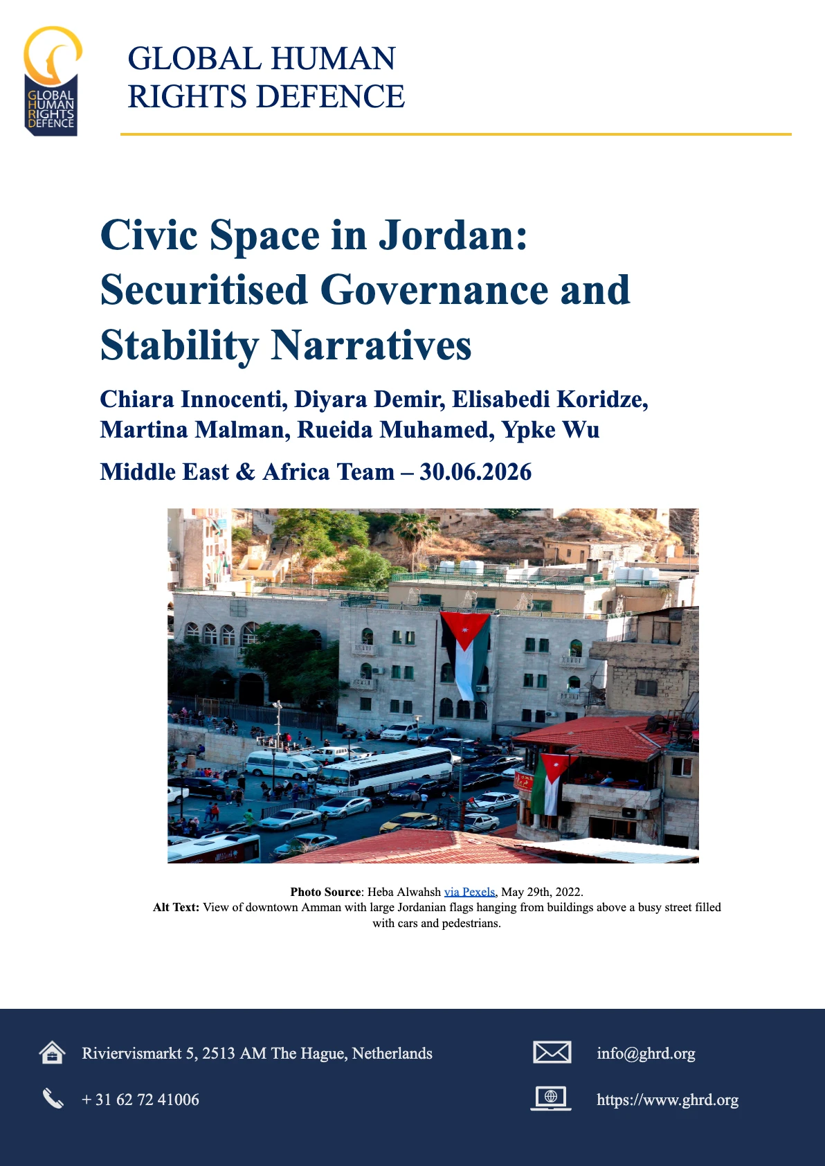 Cover of the GHRD report Civic Space in Jordan: Securitised Governance and Stability Narratives, showing downtown Amman with large Jordanian flags hanging from buildings above a busy street.