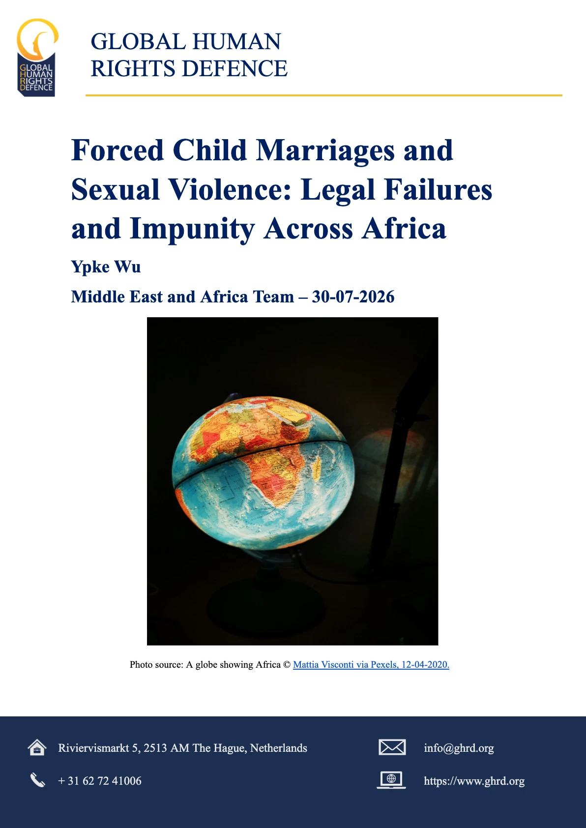 Cover of the GHRD report Forced Child Marriages and Sexual Violence: Legal Failures and Impunity Across Africa, showing a globe showing Africa.