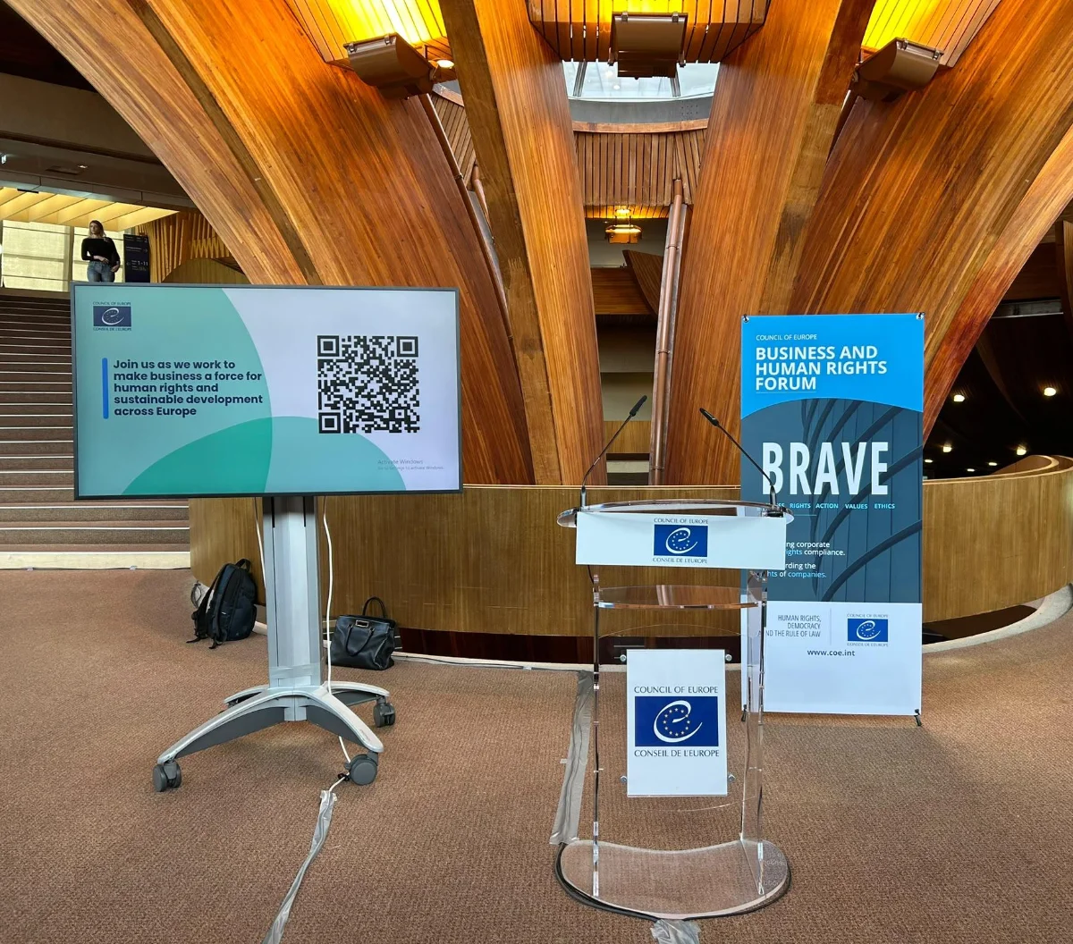 Council of Europe hall with advertisement about BRAVE and a Council of Europe-branded lectern.