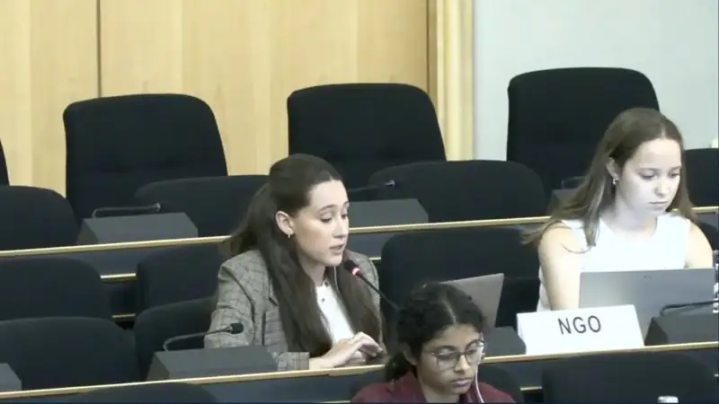 GHRD Delegate Renata Ferreira delivering an oral statement at the Palais des Nations, Geneva.