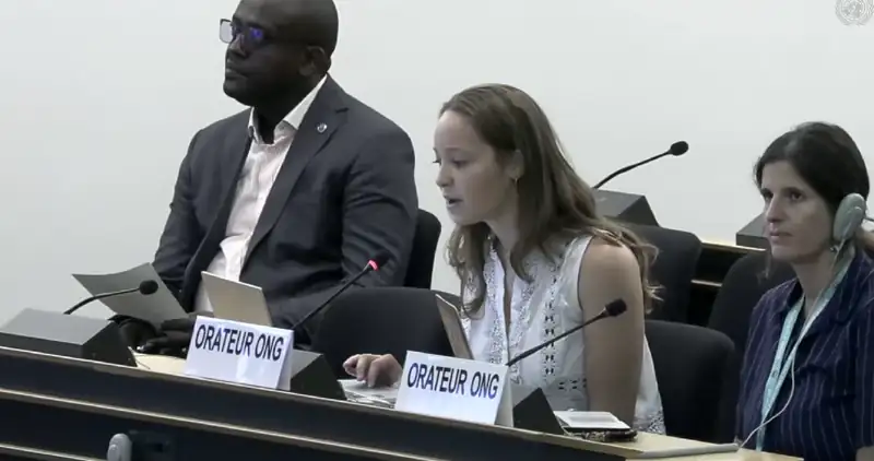 GHRD Delegate Chloé Kaouadji delivering an oral statement at the UN Human Rights Council.